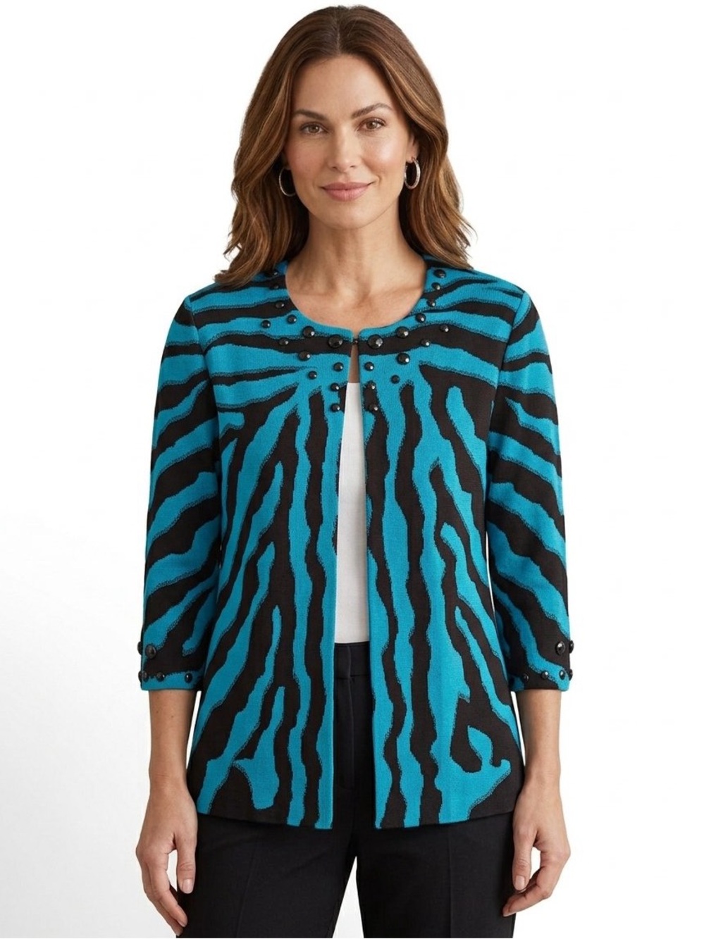 Ming Wang Size M Turquoise Blue Zebra Print Knit Embellished Open Front Jacket